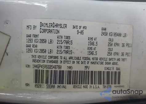 2006 Chrysler Town & Country z USA, uszkodzony, nr VIN 1A4GP45R66B548780